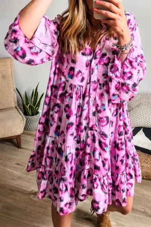 Rose Leopard Print Buttoned Front 3/4 Sleeve Tiered Ruffled Hem Dress