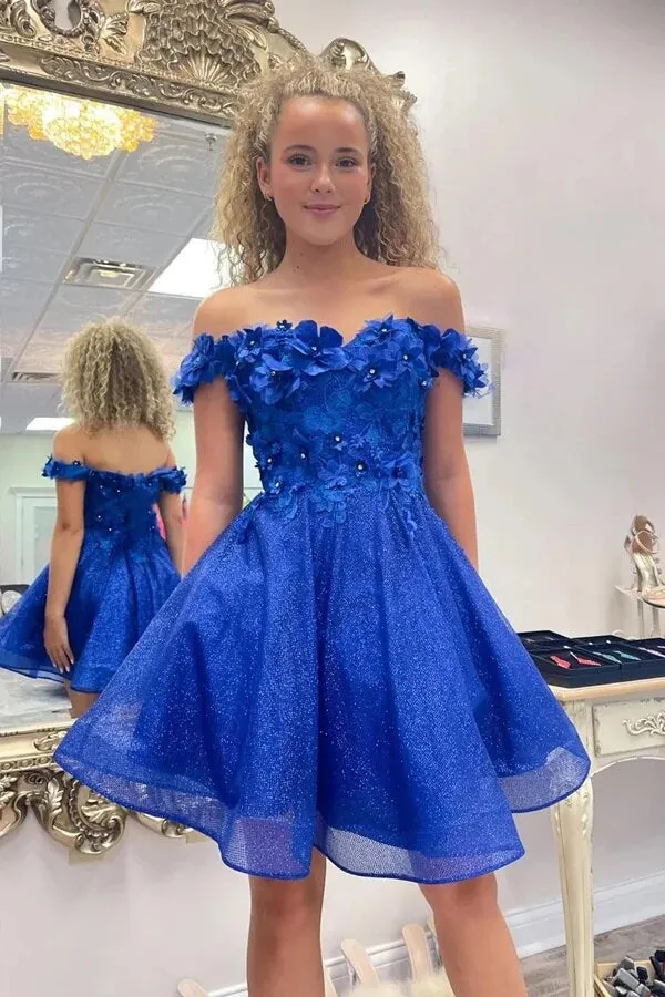 Royal Blue A-line Off Shoulder Homecoming Dresses With 3D Flowers, MH649