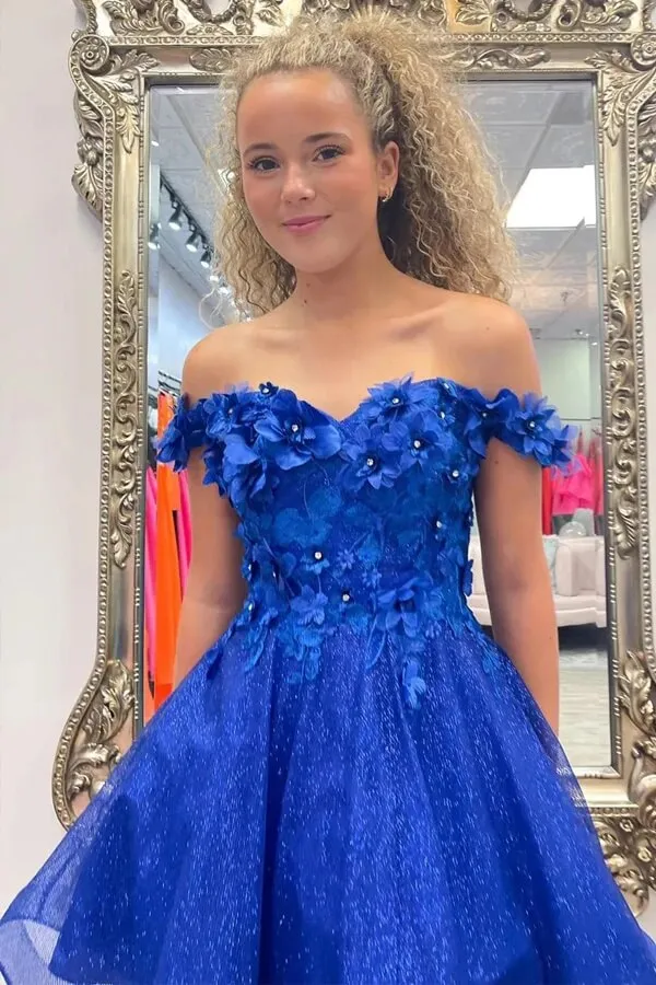 Royal Blue A-line Off Shoulder Homecoming Dresses With 3D Flowers, MH649