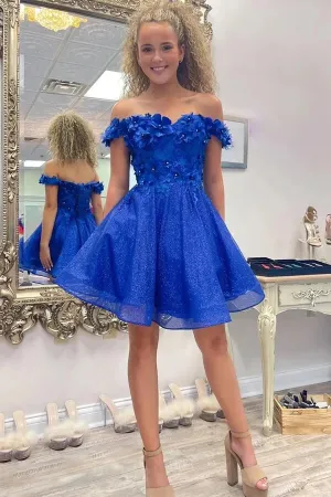 Royal Blue A-line Off Shoulder Homecoming Dresses With 3D Flowers, MH649
