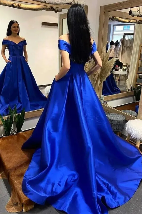Royal Blue A-line Off Shoulder Prom Dresses, Evening Dresses With Train, MP725