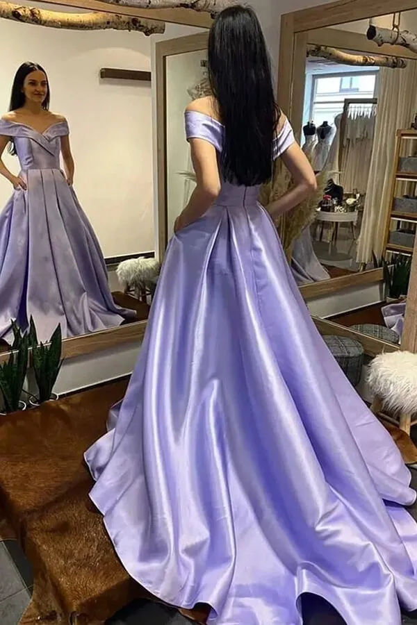 Royal Blue A-line Off Shoulder Prom Dresses, Evening Dresses With Train, MP725