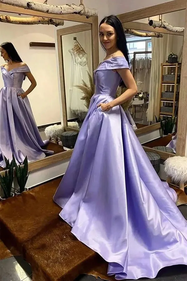 Royal Blue A-line Off Shoulder Prom Dresses, Evening Dresses With Train, MP725