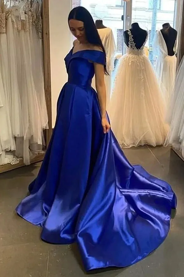 Royal Blue A-line Off Shoulder Prom Dresses, Evening Dresses With Train, MP725