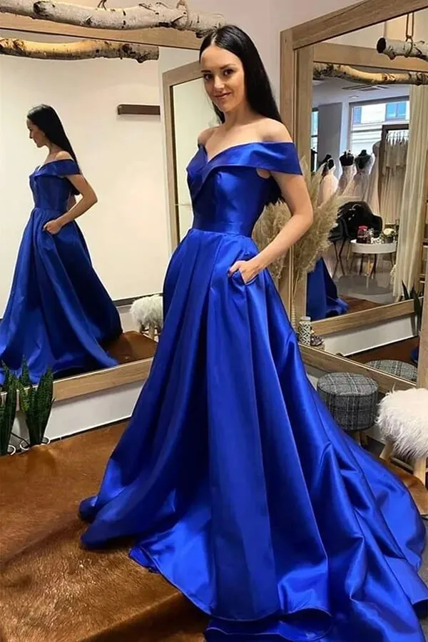 Royal Blue A-line Off Shoulder Prom Dresses, Evening Dresses With Train, MP725