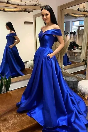 Royal Blue A-line Off Shoulder Prom Dresses, Evening Dresses With Train, MP725