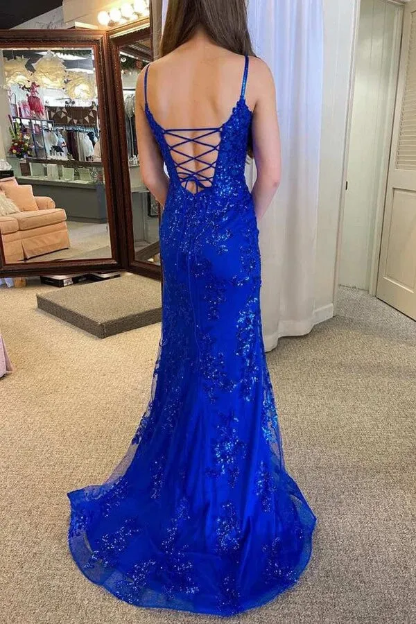 Royal Blue Tulle Mermaid V-neck Spaghetti Straps Prom Dresses With Slit, MP965