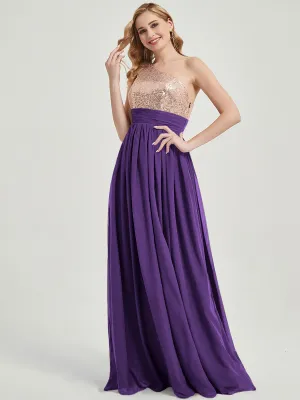 Royal Purple One-Shoulder Sequin Chiffon Maxi A-Line Bridesmaid Dress