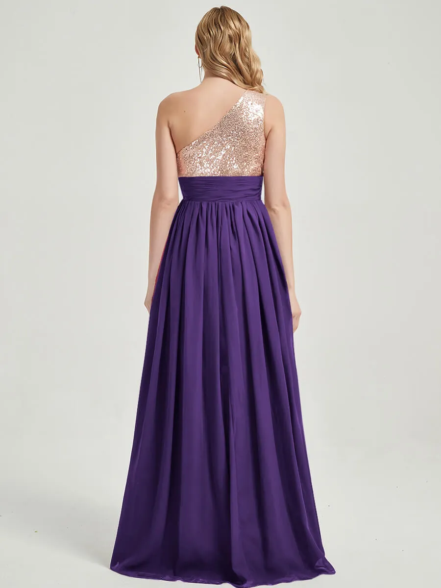 Royal Purple One-Shoulder Sequin Chiffon Maxi A-Line Bridesmaid Dress