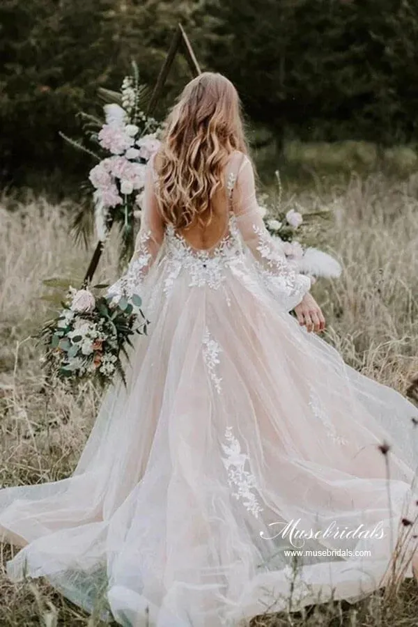 Roycebridal A-line V-neck Long Sleeves Beach Wedding Dresses With Lace Appliques, MW865