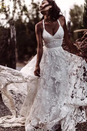 Roycebridal Beautiful A-line V-neck Lace Straps Long Wedding Dresses, Bridal Dress, MW523
