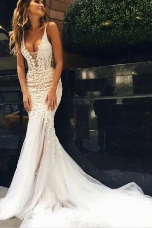 Roycebridal Beautiful Tulle Lace Ivory Mermaid Deep V-neck Long Wedding Dresses, MW520