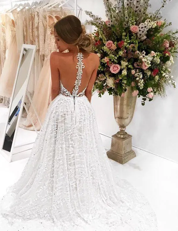 Roycebridal Chic Sparkly Bateau A-line Sexy Long Lace Wedding Dress Sweep Train, MW285