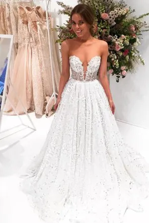 Roycebridal Chic Sparkly Bateau A-line Sexy Long Lace Wedding Dress Sweep Train, MW285