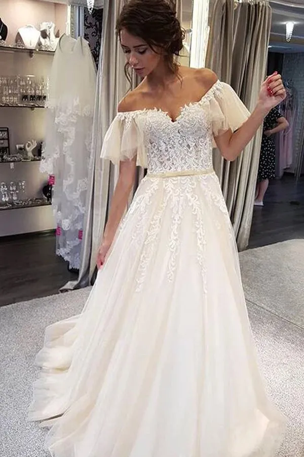 Roycebridal Elegant A-line Off the Shoulder Lace Wedding Dresses,Ruffled Sleeves Wedding Dresses,MW479