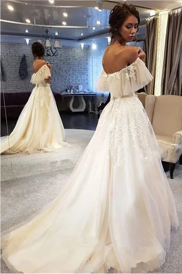 Roycebridal Elegant A-line Off the Shoulder Lace Wedding Dresses,Ruffled Sleeves Wedding Dresses,MW479