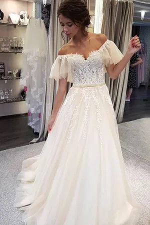 Roycebridal Elegant A-line Off the Shoulder Lace Wedding Dresses,Ruffled Sleeves Wedding Dresses,MW479