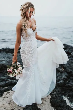 Roycebridal Elegant Mermaid Sweetheart Sweep Train Wedding Dress with Lace Appliques,MW486