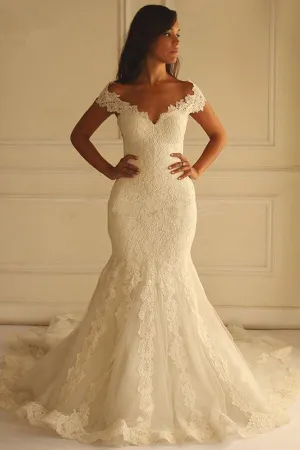 Roycebridal Gorgeous Ivory Mermaid Off-the-Shoulder Lace Wedding Dresses, MW587