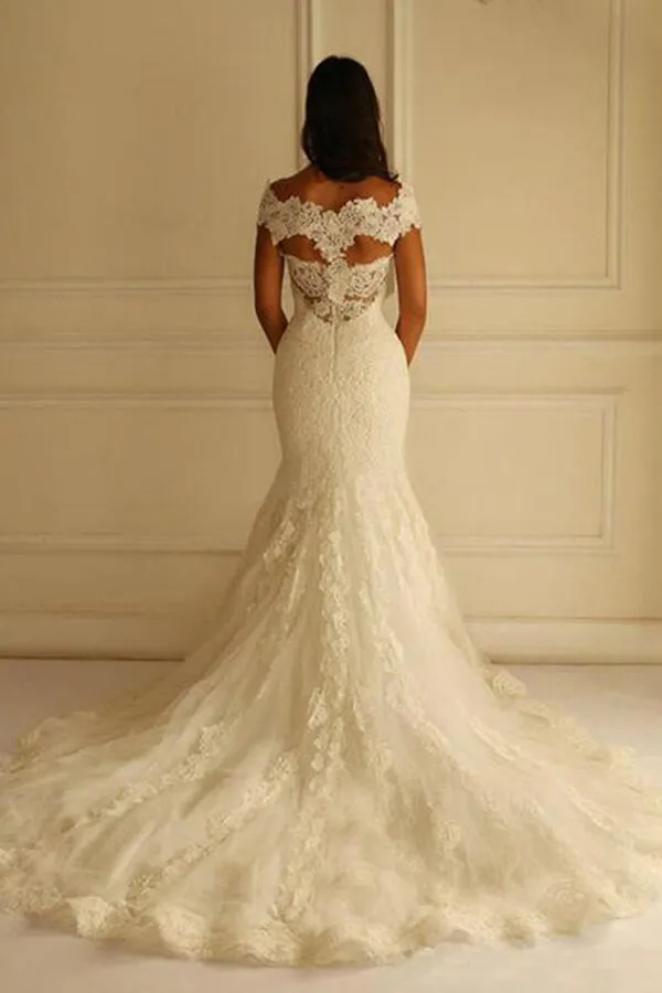 Roycebridal Gorgeous Ivory Mermaid Off-the-Shoulder Lace Wedding Dresses, MW587