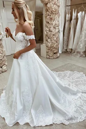 Roycebridal Gorgeous Satin A-line Sweetheart Wedding Dresses With Lace Appliques, MW625
