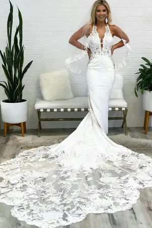 Roycebridal Gorgeous Tulle Mermaid Deep V Neck Backless Lace Wedding Dresses, MW974