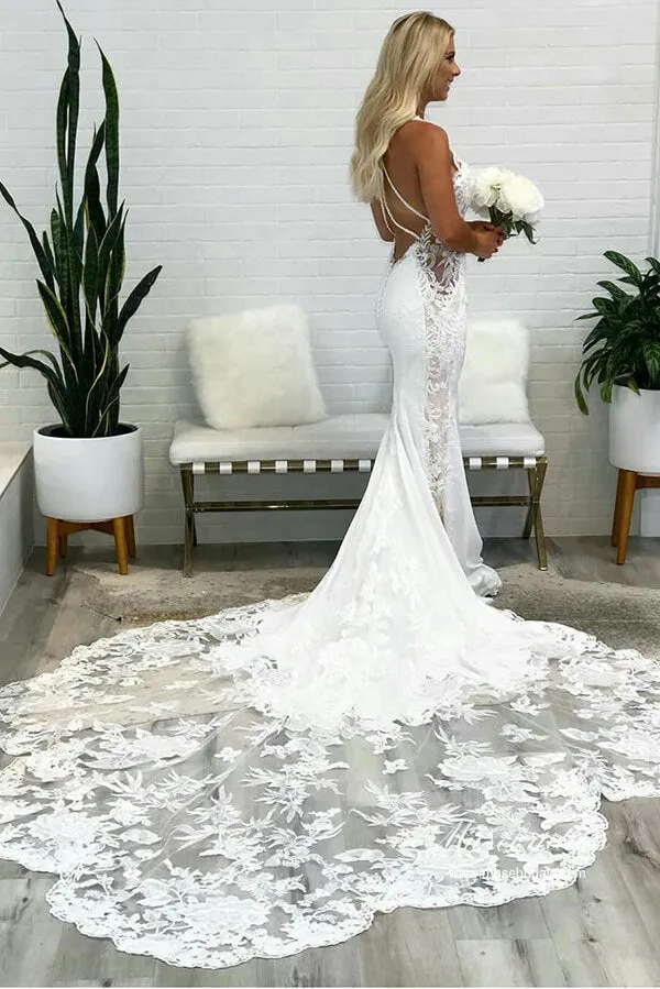 Roycebridal Gorgeous Tulle Mermaid Deep V Neck Backless Lace Wedding Dresses, MW974