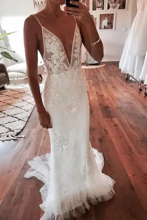 Roycebridal Ivory Mermaid Backless Deep V-neck Lace Wedding Dresses, Bridal Gown, MW828