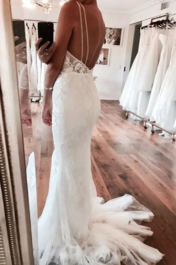 Roycebridal Ivory Mermaid Backless Deep V-neck Lace Wedding Dresses, Bridal Gown, MW828