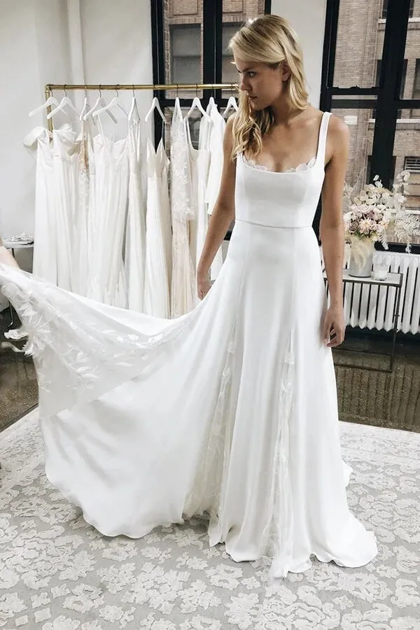 Roycebridal Ivory Satin A-line Spaghetti Straps Wedding Dresses, Wedding Gown, MW638