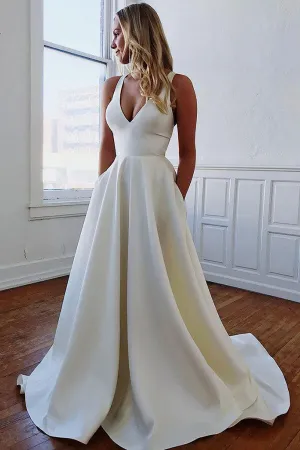 Roycebridal Ivory Satin A-line V-neck Wedding Dresses with Pockets, Bridal Gowns, MW680