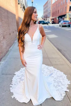 Roycebridal Ivory Satin Mermaid V-neck Lace Wedding Dresses With Court Train, MW907