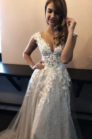 Roycebridal Lace A-line V-neck Sleeveless Sweep Train Wedding Dress, Bridal Gowns, MW542