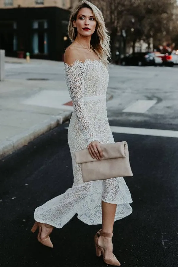 Roycebridal Lace Mermaid Off Shoulder High Low Long Sleeves Wedding Dresses, MW1025