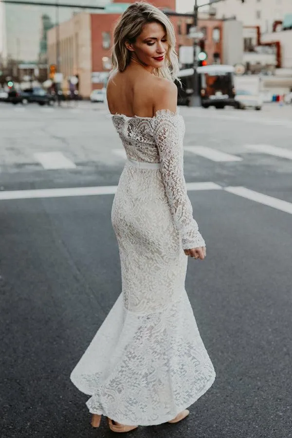 Roycebridal Lace Mermaid Off Shoulder High Low Long Sleeves Wedding Dresses, MW1025