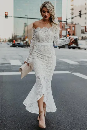 Roycebridal Lace Mermaid Off Shoulder High Low Long Sleeves Wedding Dresses, MW1025