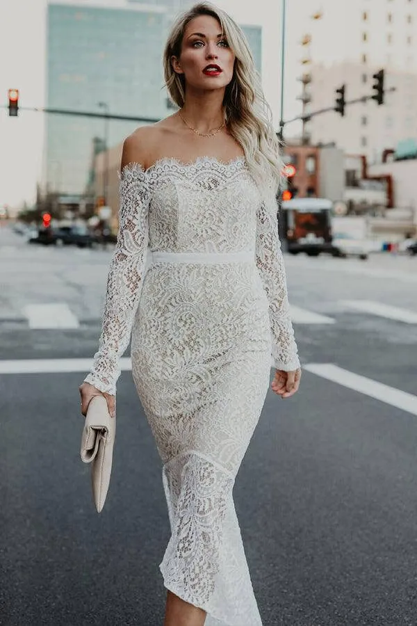 Roycebridal Lace Mermaid Off Shoulder High Low Long Sleeves Wedding Dresses, MW1025