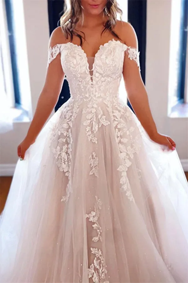 Roycebridal Luxury Tulle A-line Off Shoulder Wedding Dresses With Lace Appliques, MW650