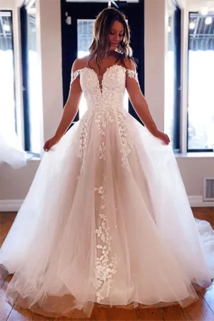Roycebridal Luxury Tulle A-line Off Shoulder Wedding Dresses With Lace Appliques, MW650