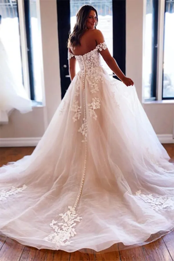 Roycebridal Luxury Tulle A-line Off Shoulder Wedding Dresses With Lace Appliques, MW650