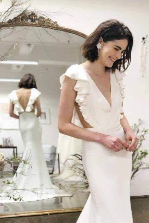 Roycebridal Mermaid Backless Cap Sleeves V-neck Wedding Dresses with Ruffles, MW718