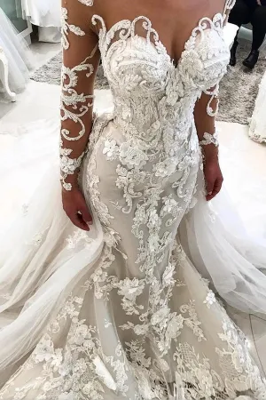 Roycebridal Mermaid Detachable Train Long Sleeves Scoop Wedding Dresses With Applique,MW484