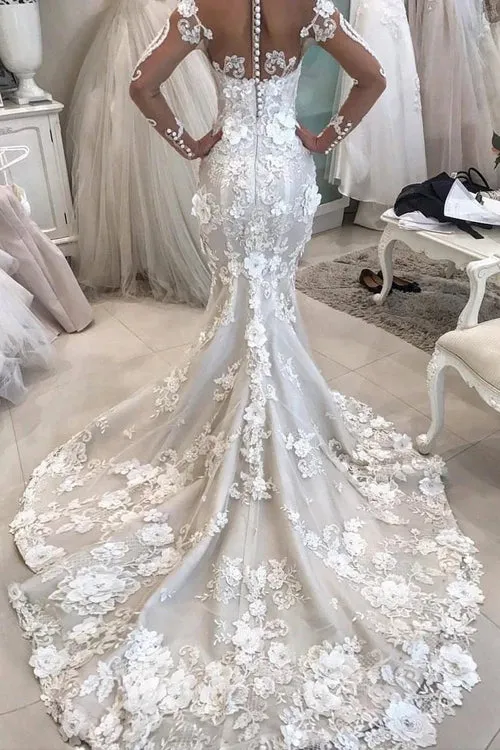 Roycebridal Mermaid Detachable Train Long Sleeves Scoop Wedding Dresses With Applique,MW484