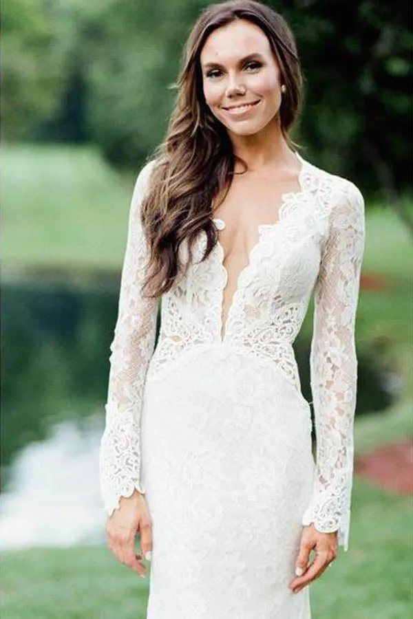 Roycebridal Mermaid Ivory Backless Long Sleeve Lace Wedding Dresses ,MW283