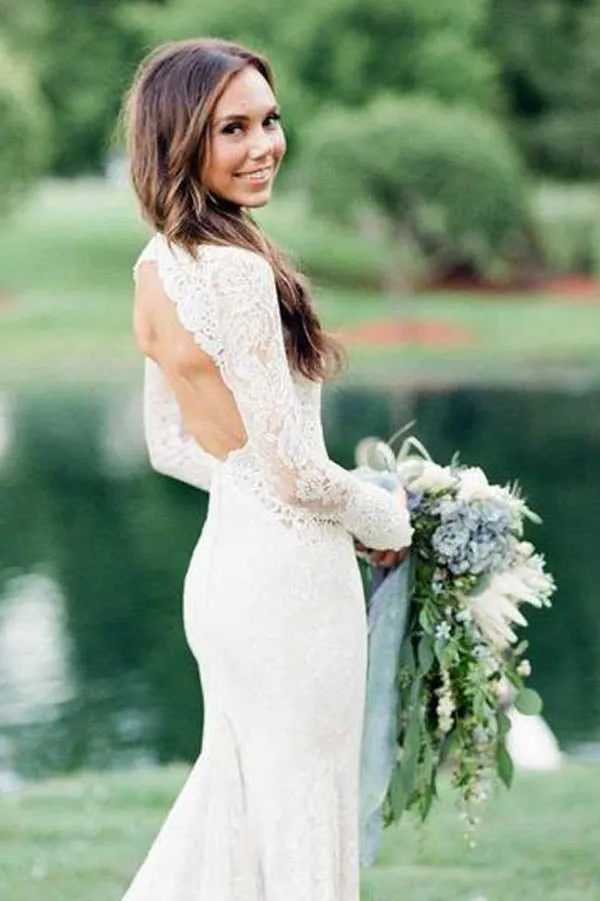 Roycebridal Mermaid Ivory Backless Long Sleeve Lace Wedding Dresses ,MW283