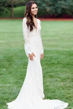 Roycebridal Mermaid Ivory Backless Long Sleeve Lace Wedding Dresses ,MW283