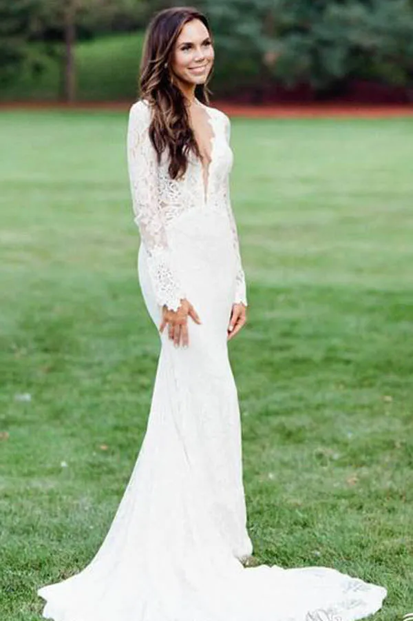 Roycebridal Mermaid Ivory Backless Long Sleeve Lace Wedding Dresses ,MW283