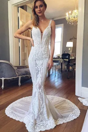 Roycebridal Mermaid V-neck Open Back Lace Wedding Dresses with Train, Gorgeous Wedding Dresses,MW402