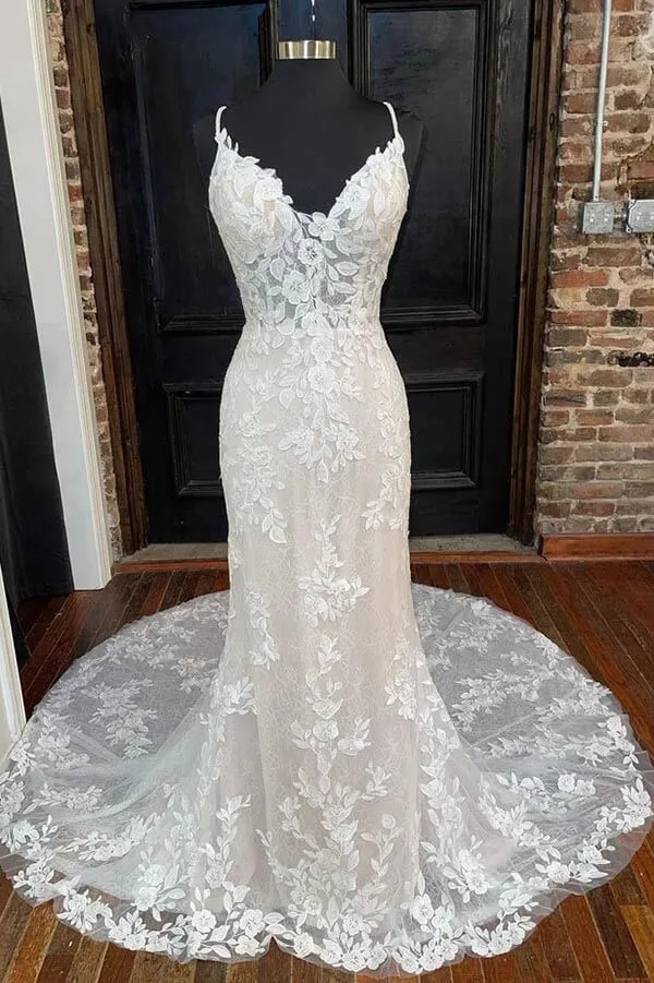 Roycebridal Mermaid V-neck Spaghetti Straps Wedding Dresses With Lace Appliques, MW926