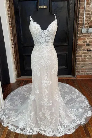 Roycebridal Mermaid V-neck Spaghetti Straps Wedding Dresses With Lace Appliques, MW926